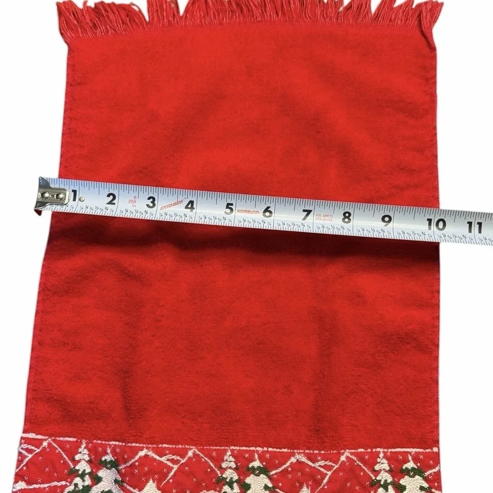 Vintage Red Christmas Hand Towel Snowy Winter Trees Fringe Guest Bathroom Decor
